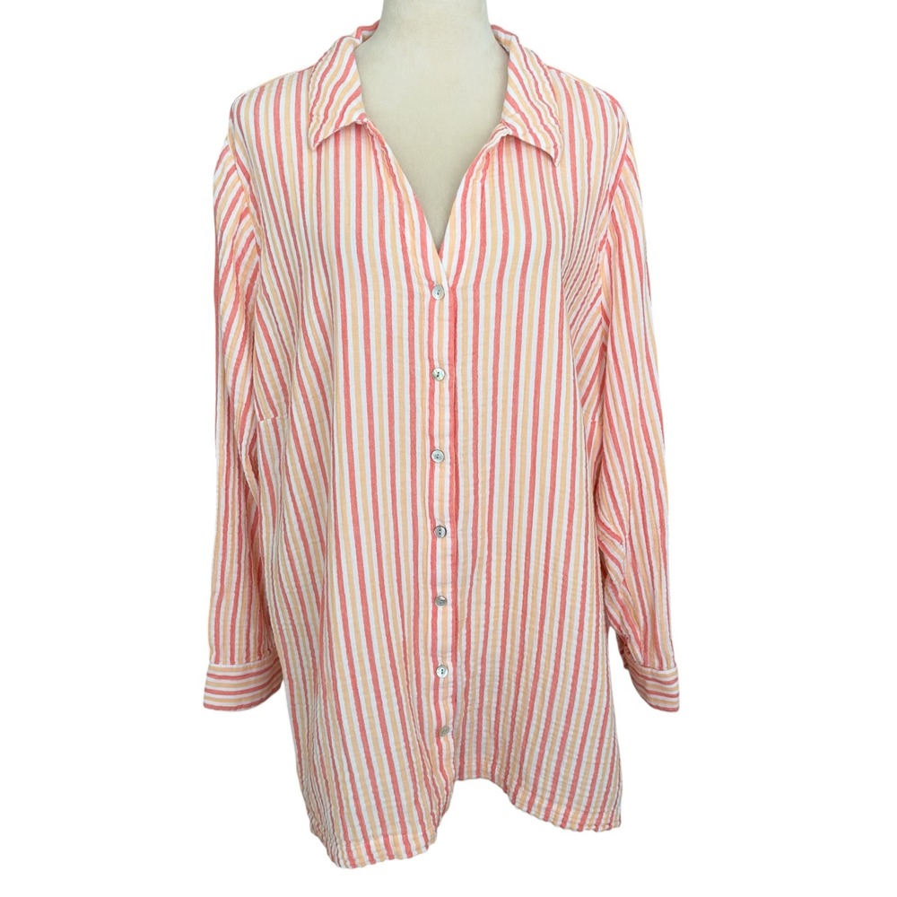 Soft Surroundings Orange Striped Cotton Gauze Button Up Top 2X Boho Beach Shirt